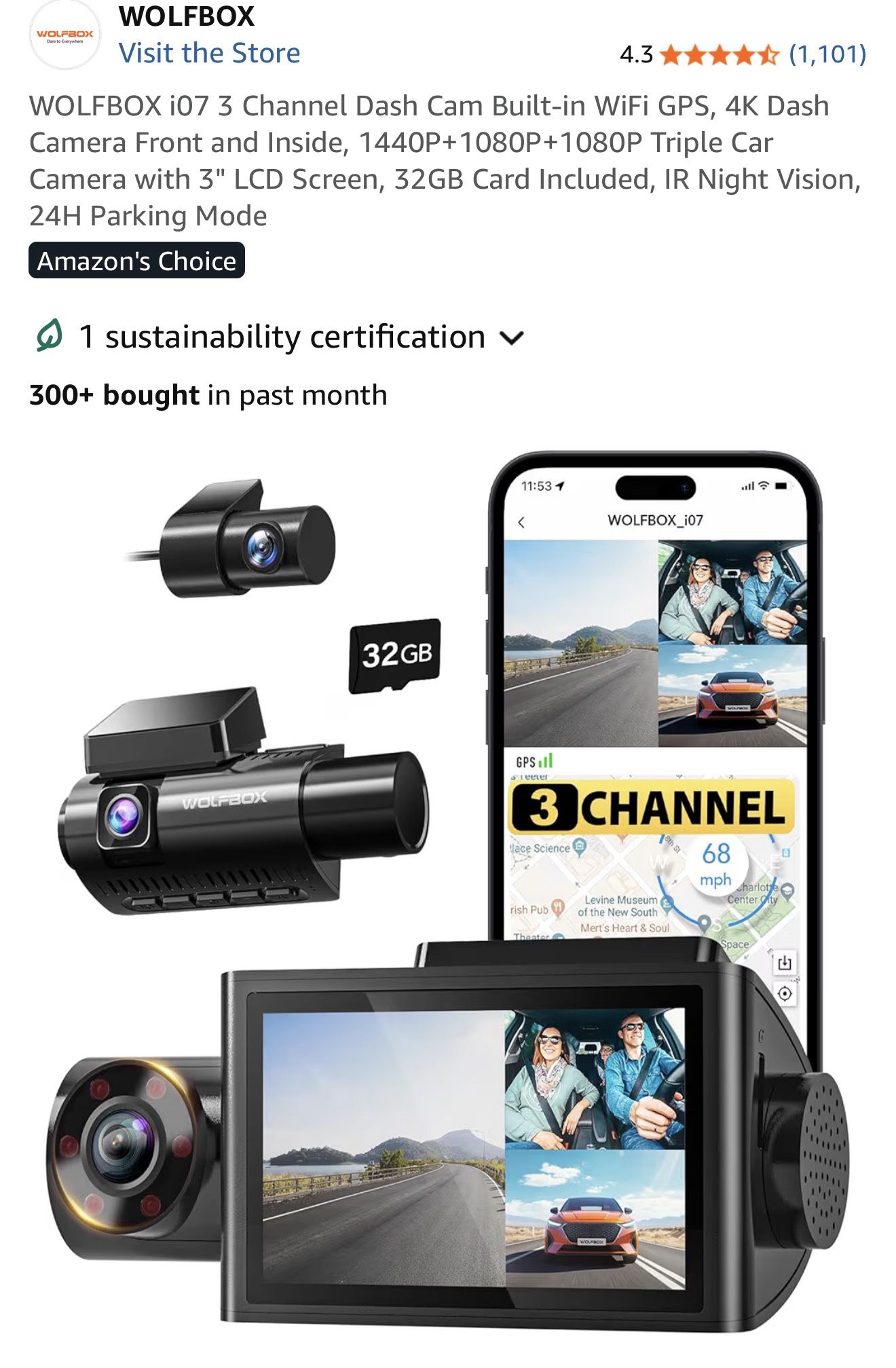 Dash Cam WolfBox i07 4K HDR, 3 channel