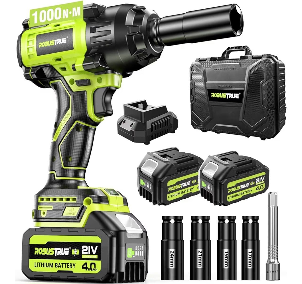 Cordless Impact Wrench 738ft-lbs (1000N.m), High Torque Brushless 1/2 Impact Gun, 2 x4.0Ah Battery 21V Max, Fast Charger, 4 Sockets, Impact Wrench for