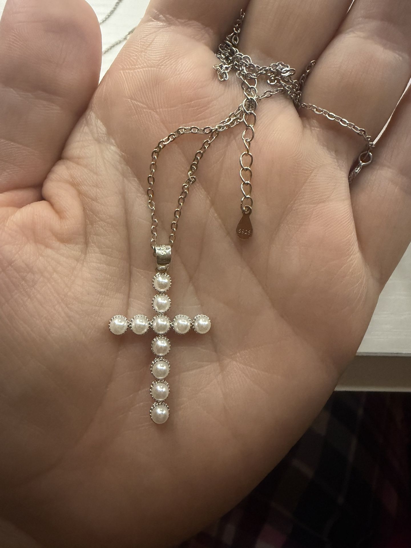 Silver Pearl Cross Necklace
