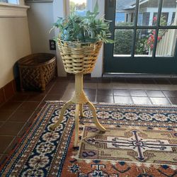 Darling Vintage Yellow Wood and Wicker Plant Stand