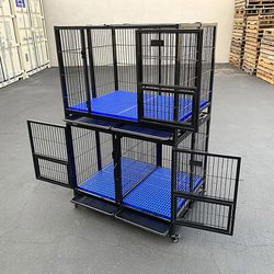 (NEW) $320 (Set of 2) Stackable Dog Cage 41x31x65” Heavy Duty Kennel w/ Plastic Tray 