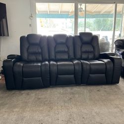 Black Leather Couch W/ Recliners And Cup Holders