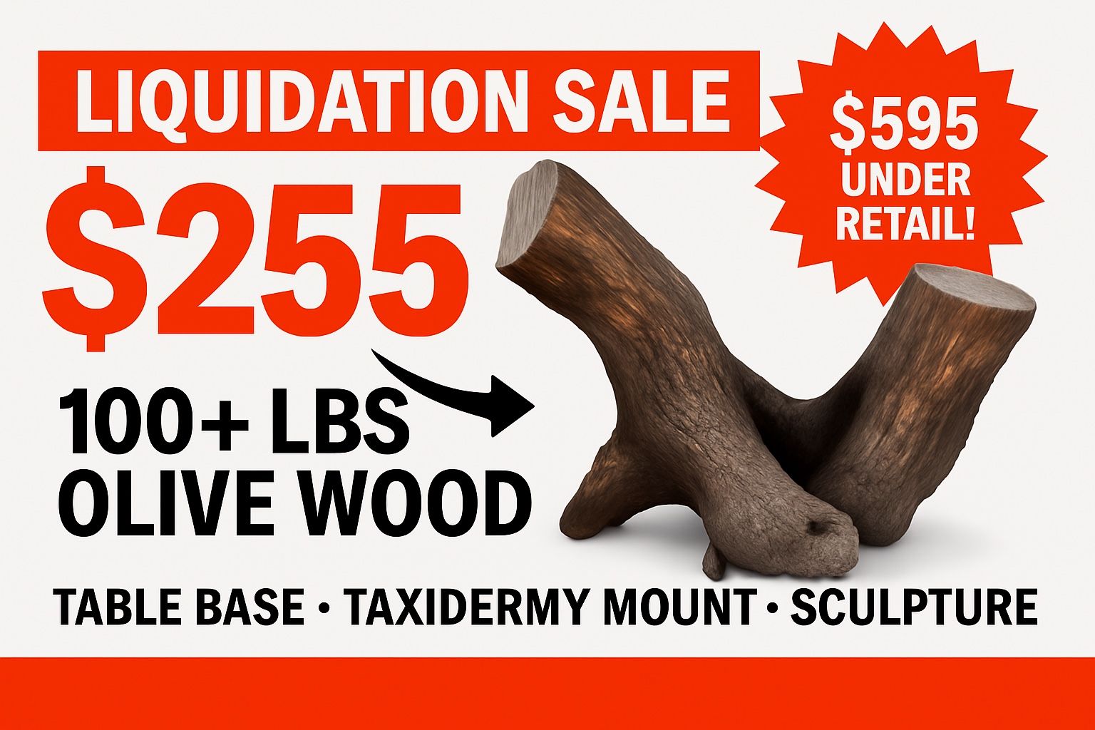 MASSIVE Olive Wood Tree Fork Sculpture - Table Base/Taxidermy Mount - 100+ LBS - $595 UNDER RETAIL!