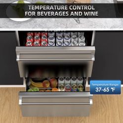 24 Inch Under Counter Double Drawer Fridge,Two Drawer Refrigerator Indoor Beverage Refrigerator, Stainless Steel Beverage Fridge for Home & Commercial