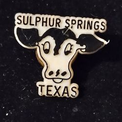 Sulphur Springs Texas Cow Design Black And White Plastic Vintage Collectible Lapel Pin A-1