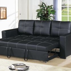Black Faux Leather Sofa With Pullout 