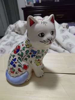Beautiful Hand Painted Multicolored Cat Figurine 6" Tall and 5" Wide
