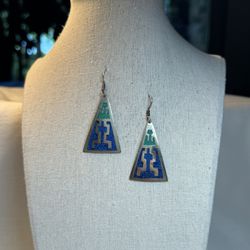 Vintage Alpaca Mexico Turquoise Chip inlay Dangle Earrings  