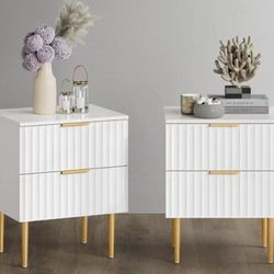 NIEWA20011WT Nightstand Set of 2, Mid Century Modern Night stand with Fluted Panel, White Bedside Table with 2 Drawer, End Table with Gold Leg for Bed