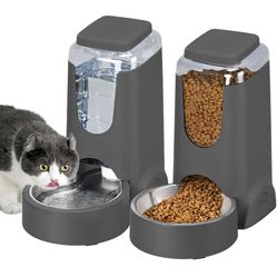2 Pack Automatic Cat Feeder and Stainless Steel Water Dispenser, Gravity Dog Waterer Set Food Feeder and Waterer Set for Small Medium Kitten Puppy Pet