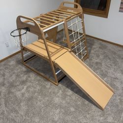 Wooden Kids Climbing Playground Monkey Bars Slide Swing Rock Wall
