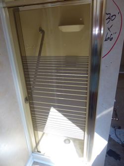 Brass Frame Pivot Shower Door with Striped Glass, 30 x 66, Used