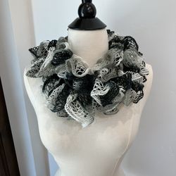 New Elegant hand knitted Multi colored Ruffled Scarf silver accents crochet