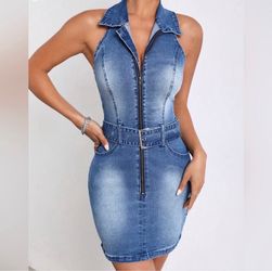 Sleeveless Denim Mini Dress with Belt
