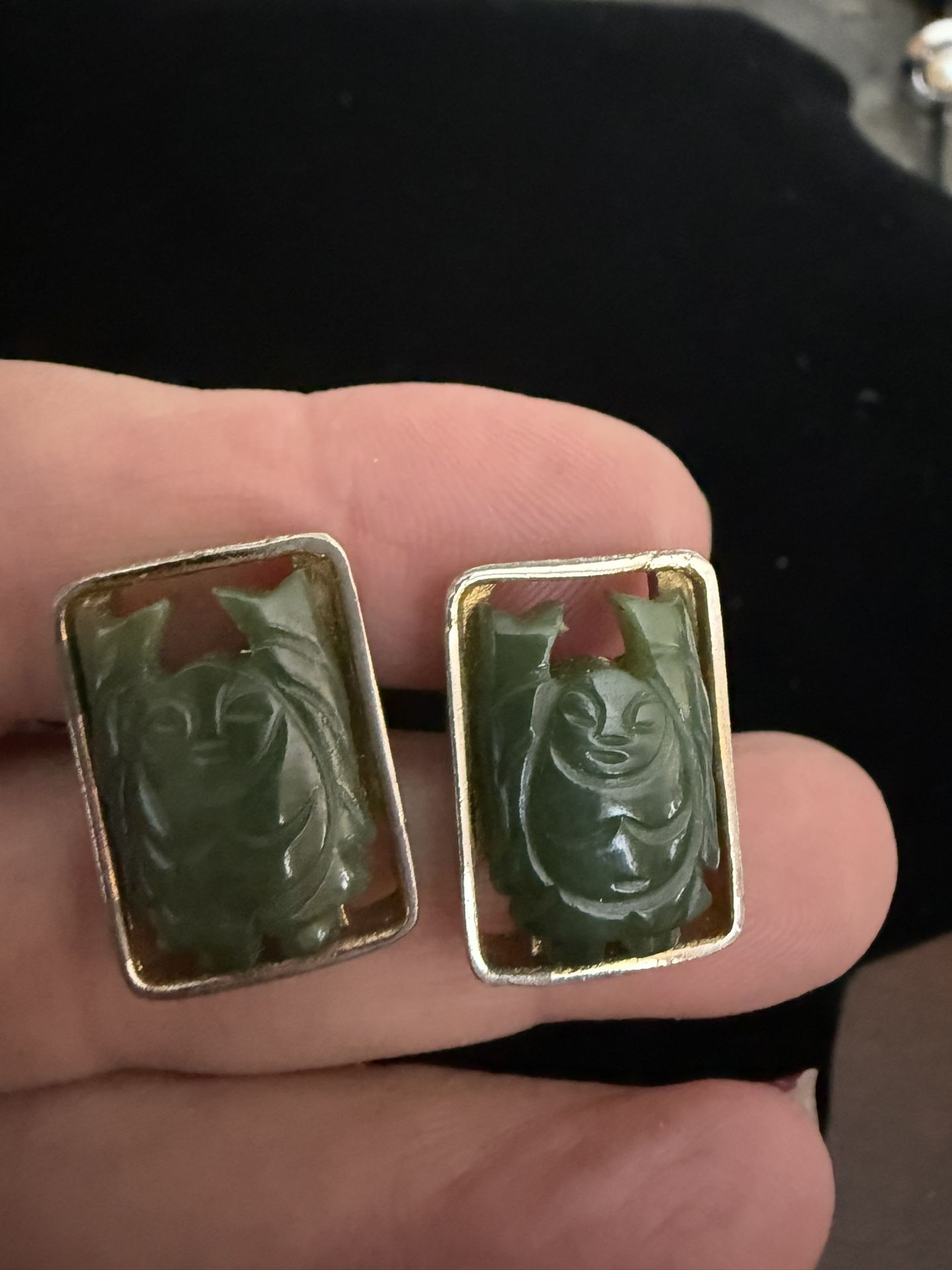Rare Vintage Hand Carved Jade Buddha Cufflinks