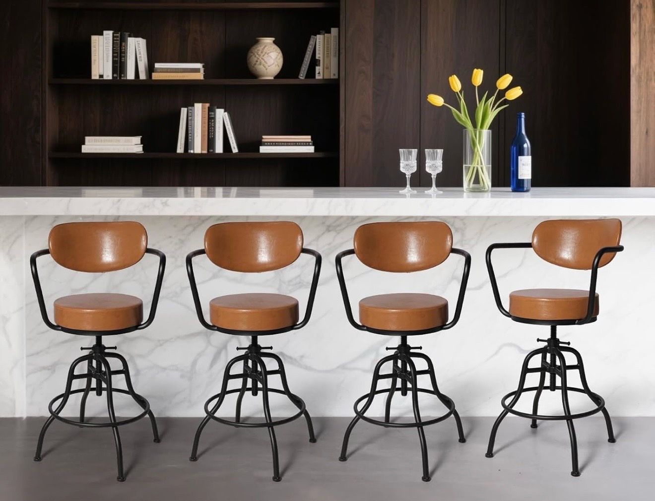 Modern Industrial Bar Stool with Backrest, Armrests, Footrest - Flexible Swivel Seat & Adjustable Height 21.7"-25.6" - Soft Cushion & Smooth Leather -