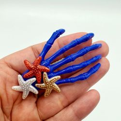 Nautical Goth Starfish Skeleton Hand Hair Clip 4th of July Red White Blue Sailor