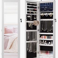 Mirror Jewelry Cabinet Organizer Lockable Door Wall-Mounted Jewelry Armoire with Shelves and Behind-the-Door Storage - White$50