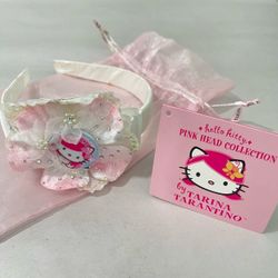 RARE Tarina Tarantino Hello Kitty Bride Pink & White Satin Floral Bow Headband