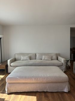 Restoration Hardware RH Sofa + Luxe Ottoman  - Belgian linen Fabric, sand Color