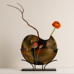 Studio Art Glass Y2K Contemporary Crescent Vase Gold Foil & Red Buds With Stand, 18”
