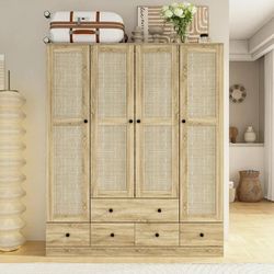 Rattan Armoire Wardrobe Closet with 7 Shelves, 5 Drawers & Hanging Bars, 59"Wide 4 Door Wooden Wardrobe Clothes Storage Cabinet for Bedroom, Guest Roo