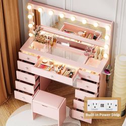 Vanity with Lighted Mirror - Makeup Vanity Desk with Glass Top and 11 Drawers, 3 Color Lighting Modes Adjustable Brightness, 46" Vanity Table with Sof