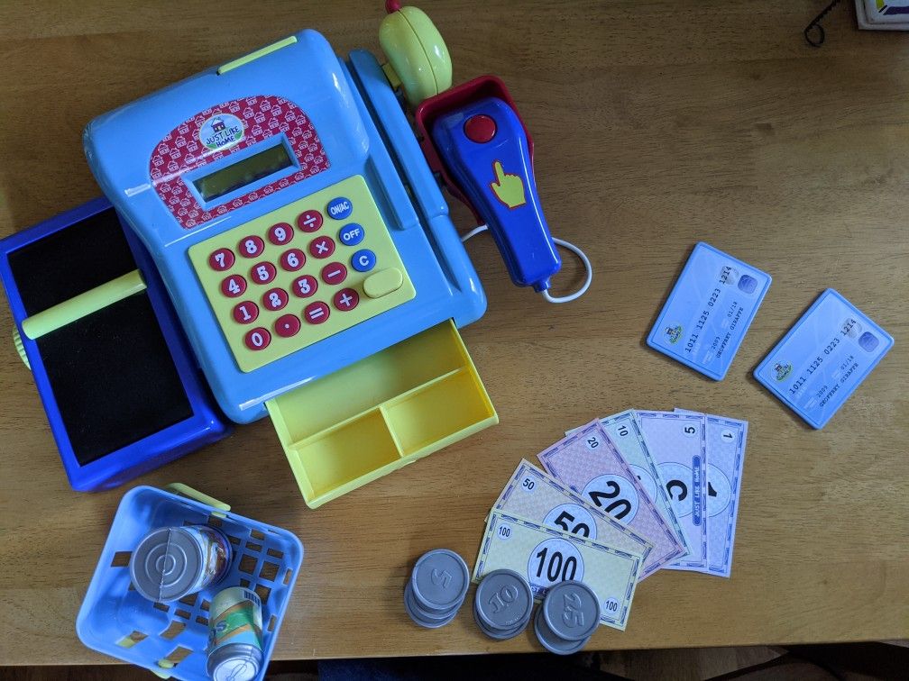 Toys R Us Just Like Home Toy Cash Register with Credit Cards, Money and Groceries