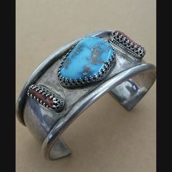 Handcrafted Sterling Silver Turquoise Red Coral Cuff Bracelet 