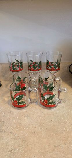 Vintage Libbey Holly & Berries Goblets Cups Drinking Glasses Mugs Christmas Holiday