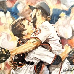 Signed Art Print San Francisco Giants  Buster Posey and Brian Wilson by Bay Area Artist Deborah Lawder Sullivan 11 x 17 ready to frame  One pinhole on