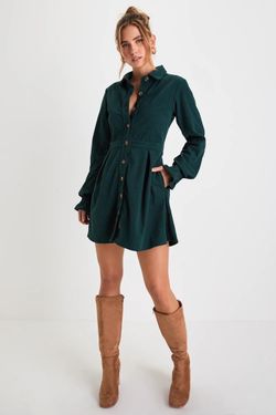Lulus Emerald Green Corduroy Long Sleeve Mini Dress With Pockets, Medium
