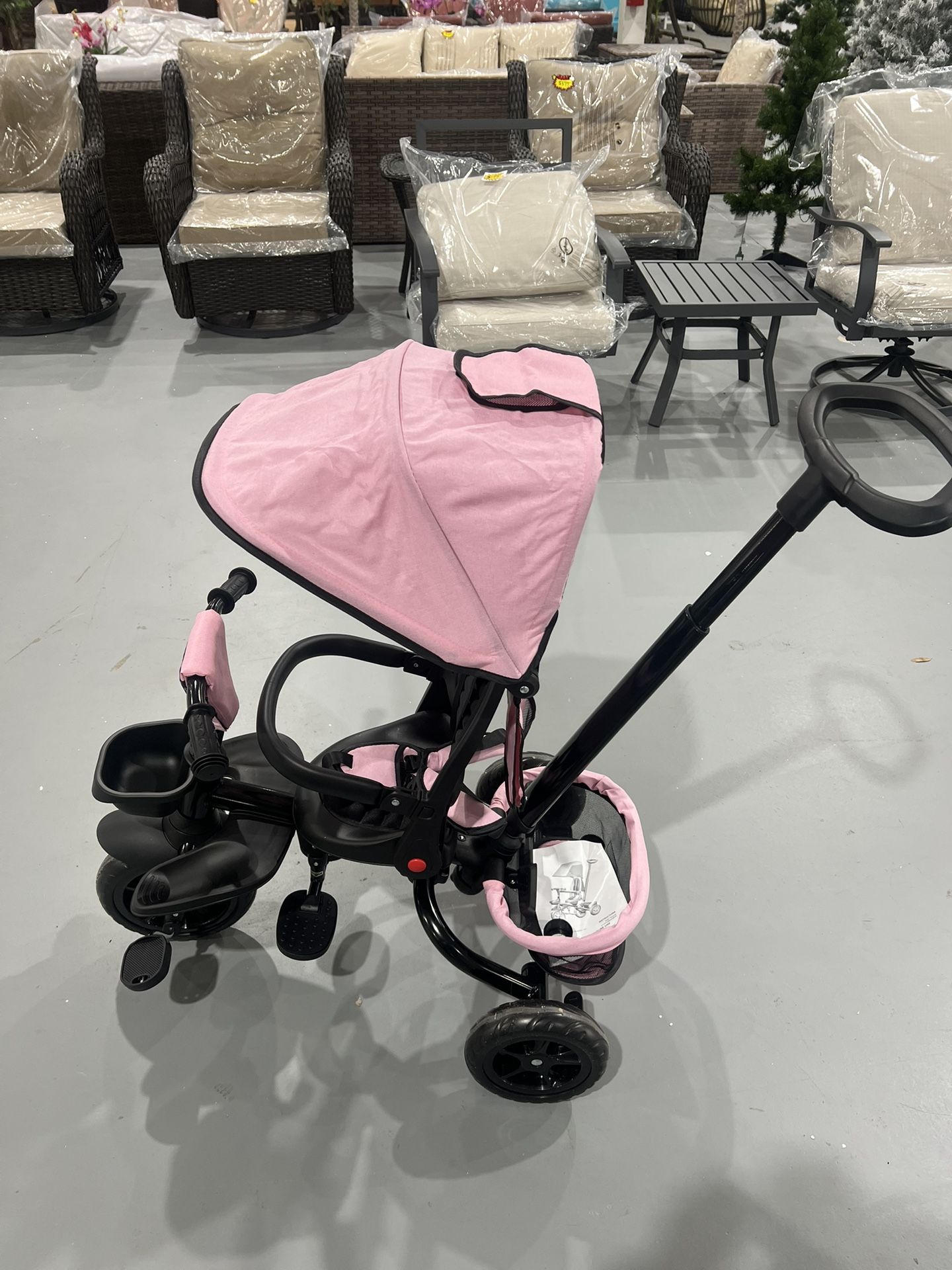 M-New Kids Tricycle, 7 in 1 Folding Toddler Trike w/Adjustable Push Handle, Rotatable Seat, Adjustable Canopy, Safety Harness, Storage, Toddler Stroll