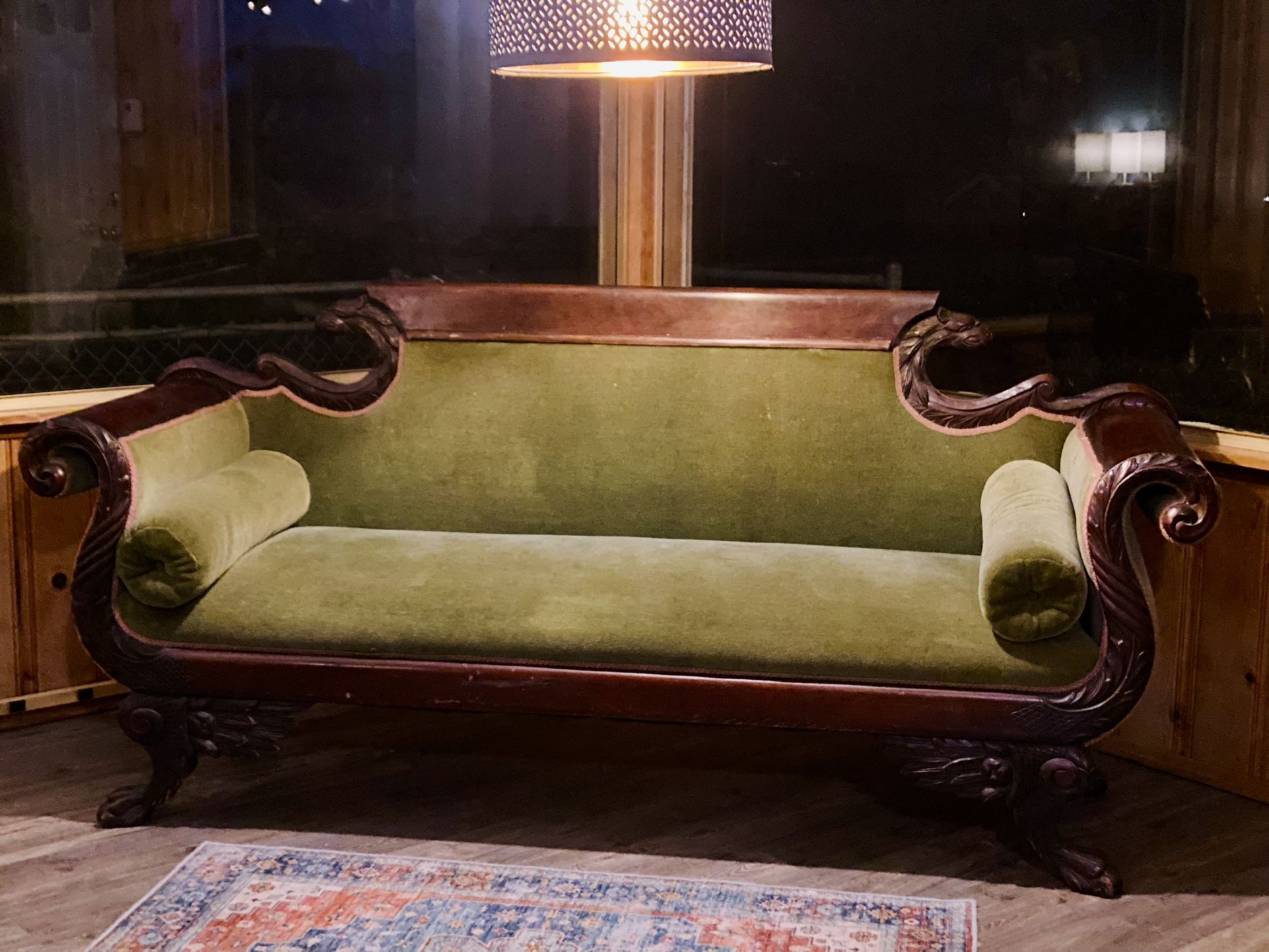 19th Century Empire Sofa with Carved Eagle Heads and Hair Paw Feet - Antique