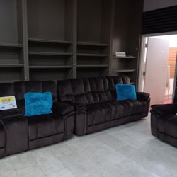 Barcelona Brown Fabric Reclining 3 Piece Living Room Sets---$1399---Wow!!!---No Credit Needed Financing Available 