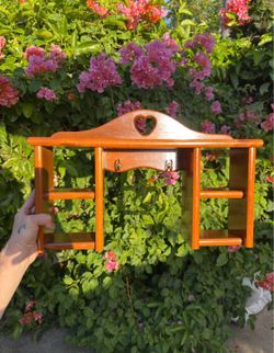 Wall hanging wooden heart cut out shelf rack with hooks
