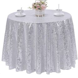 WISPET Silver Sequin Tablecloth 120" Round Sparkly Drape Table Cloths Table Cover Overlay For Wedding Birthday Party Baby Bridal Shower