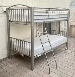 Heavy Duty Pewter Grey Metal Twin Bunkbed w/ 8” Memory Foam Mattresses