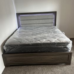 Queen LED Light Gray Bed Frame Modern With Mattress Queen Set