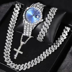 Luxurious 4-Pcs Men's 14K White Gold Plated Cubic Zirconia Watch + 50cm Cuban Chain Necklace + 20cm Cuban Bracelet + Cross Pendant Necklace Set