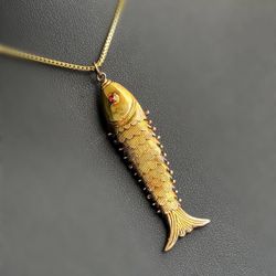 Jewelry 14k hollow moving yellow gold ruby 0.03CTW fish Pendant charm