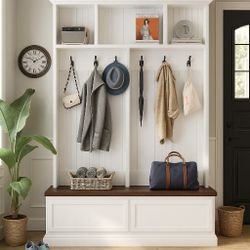 Hall Tree with Wood Grain Bench and 2 Large Drawers, Modern Multi-Functional Coat Hanger W/Storage Cabinet and 6 Black Hooks, 4 Open Cabinets, for Mud