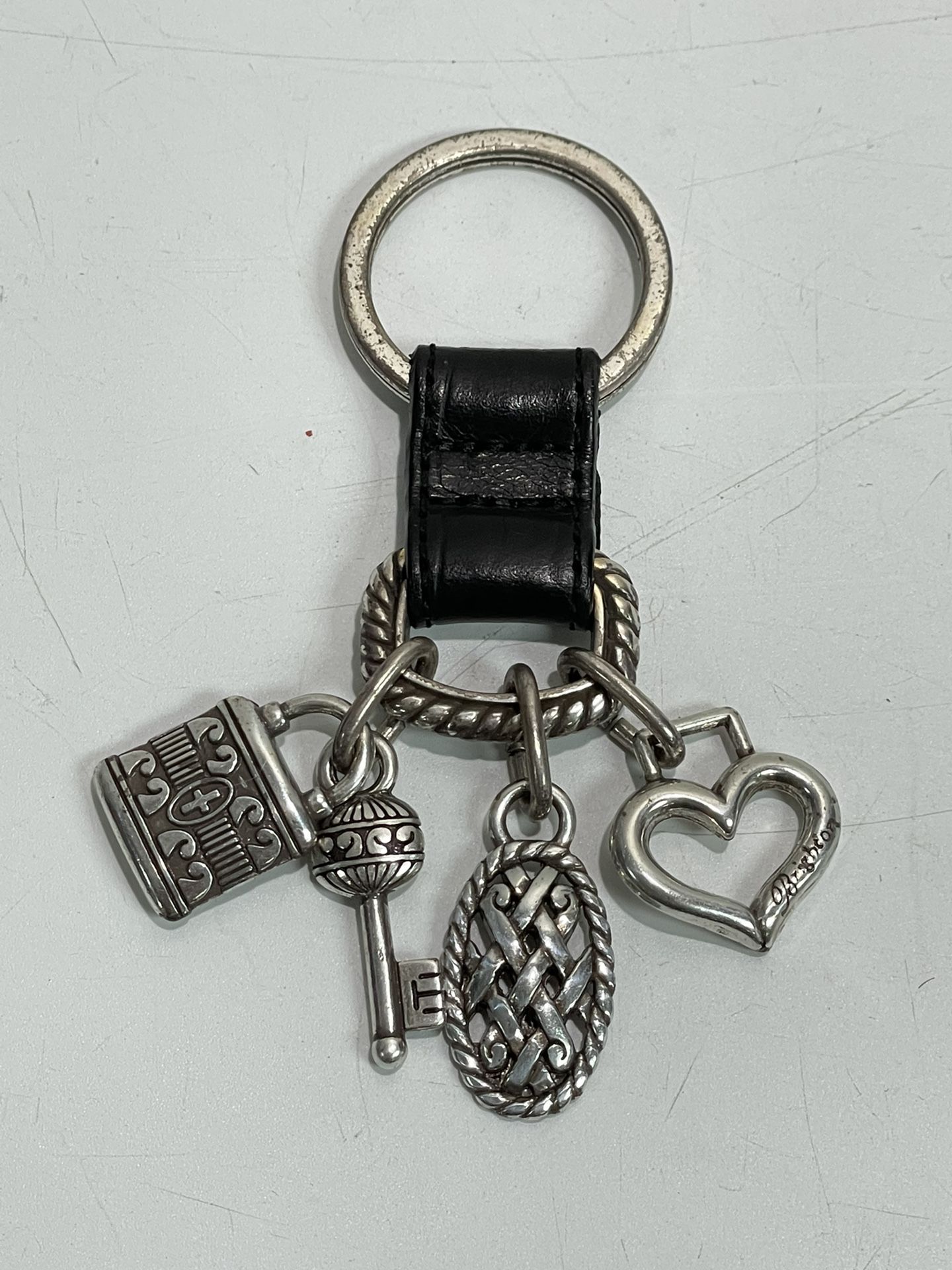 Brighton ~ Key Chain Fob with 4 Charms ~ Heart, Key & Lock ~ Silver Tone