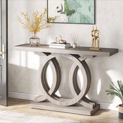 55" Grey Console Table with Geometric Base – Entryway/Sofa Accent Table