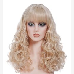 NJJYXH 22 Inches Blonde Wigs for Women Long Wavy Wig with Neat Bangs Synthetic Natural Wig for Cosplay,Halloween,Daily Use
