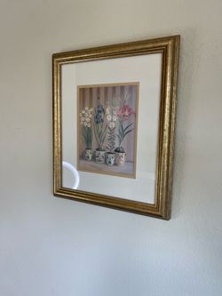 Botanical gold framed floral print titled Spring by artist Fabrice de Villeneuve.