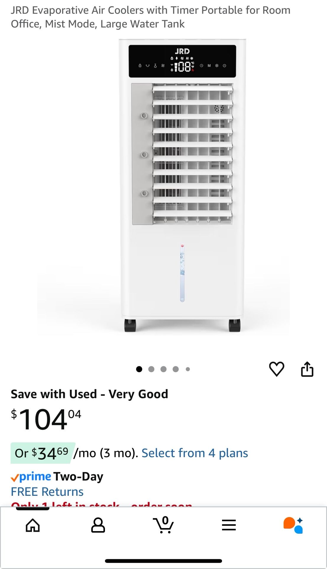 JRD Evaporative Air Coolers with Timer Portable for Room Office, Mist Mode, Large Water Tank