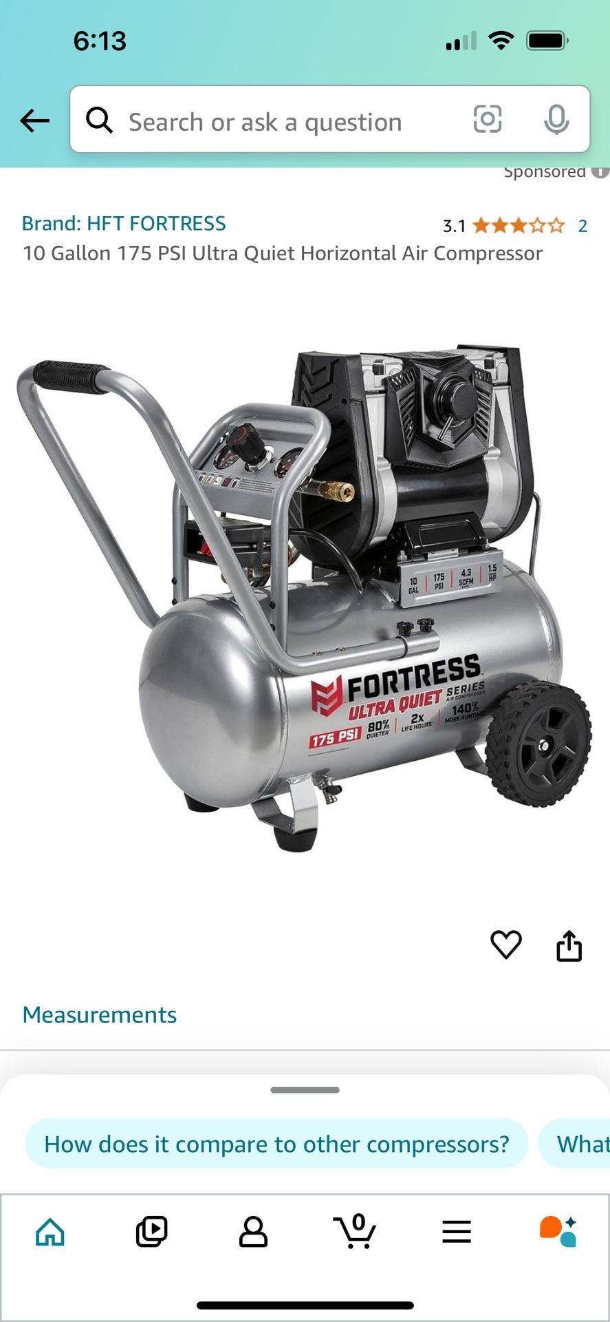Air Compressor FORTRESS 10 Gallon, 175 PSI Ultra-Quiet Horizontal Shop/Auto Air Compressor