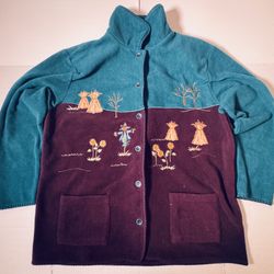 Pre Owned Good  Karen Scott  Fleece Jacket  Embroidered  Indian Teepee Scarecrow  Purple Green Women  Size Large