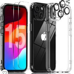 5 in 1 for iPhone 15 Case, with 2 Tempered Glass Screen Protector + 2 Camera Lens Protector, Phone Case 6.1 Inch [ Anti-Scratch Full-Body Protection 